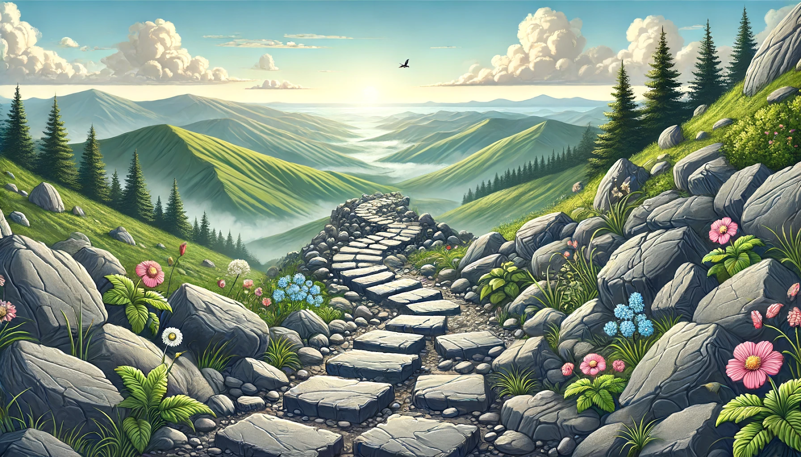 Ein steiniger Pfad, der sich durch eine zerklüftete Landschaft mit Hindernissen schlängelt, symbolisiert die Herausforderungen des Lebens.
