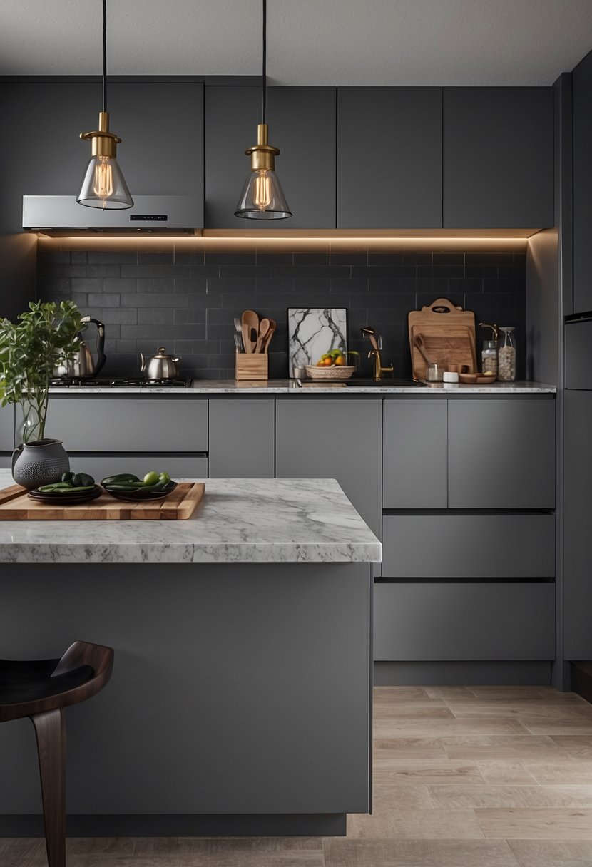 The kitchen is adorned with 35 gray cabinets, each fitted with vintage fixtures, creating a timeless and elegant atmosphere