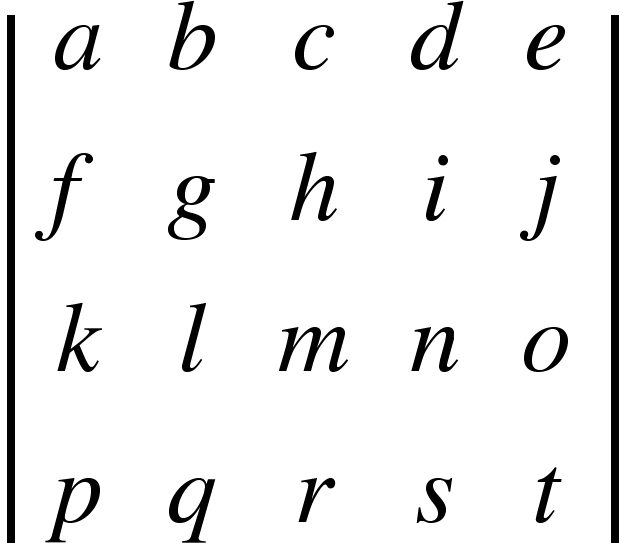 {"mathml":"<math style=\"font-family:stix;font-size:16px;\" xmlns=\"http://www.w3.org/1998/Math/MathML\"><mstyle mathsize=\"16px\"><mfenced open=\"|\" close=\"|\"><mtable><mtr><mtd><mi>a</mi></mtd><mtd><mi>b</mi></mtd><mtd><mi>c</mi></mtd><mtd><mi>d</mi></mtd><mtd><mi>e</mi></mtd></mtr><mtr><mtd><mi>f</mi></mtd><mtd><mi>g</mi></mtd><mtd><mi>h</mi></mtd><mtd><mi>i</mi></mtd><mtd><mi>j</mi></mtd></mtr><mtr><mtd><mi>k</mi></mtd><mtd><mi>l</mi></mtd><mtd><mi>m</mi></mtd><mtd><mi>n</mi></mtd><mtd><mi>o</mi></mtd></mtr><mtr><mtd><mi>p</mi></mtd><mtd><mi>q</mi></mtd><mtd><mi>r</mi></mtd><mtd><mi>s</mi></mtd><mtd><mi>t</mi></mtd></mtr></mtable></mfenced></mstyle></math>","truncated":false}