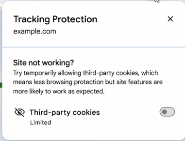 A screenshot of the Tracking Protection feature in Google Chrome, with a Third-Party cookies toggle.