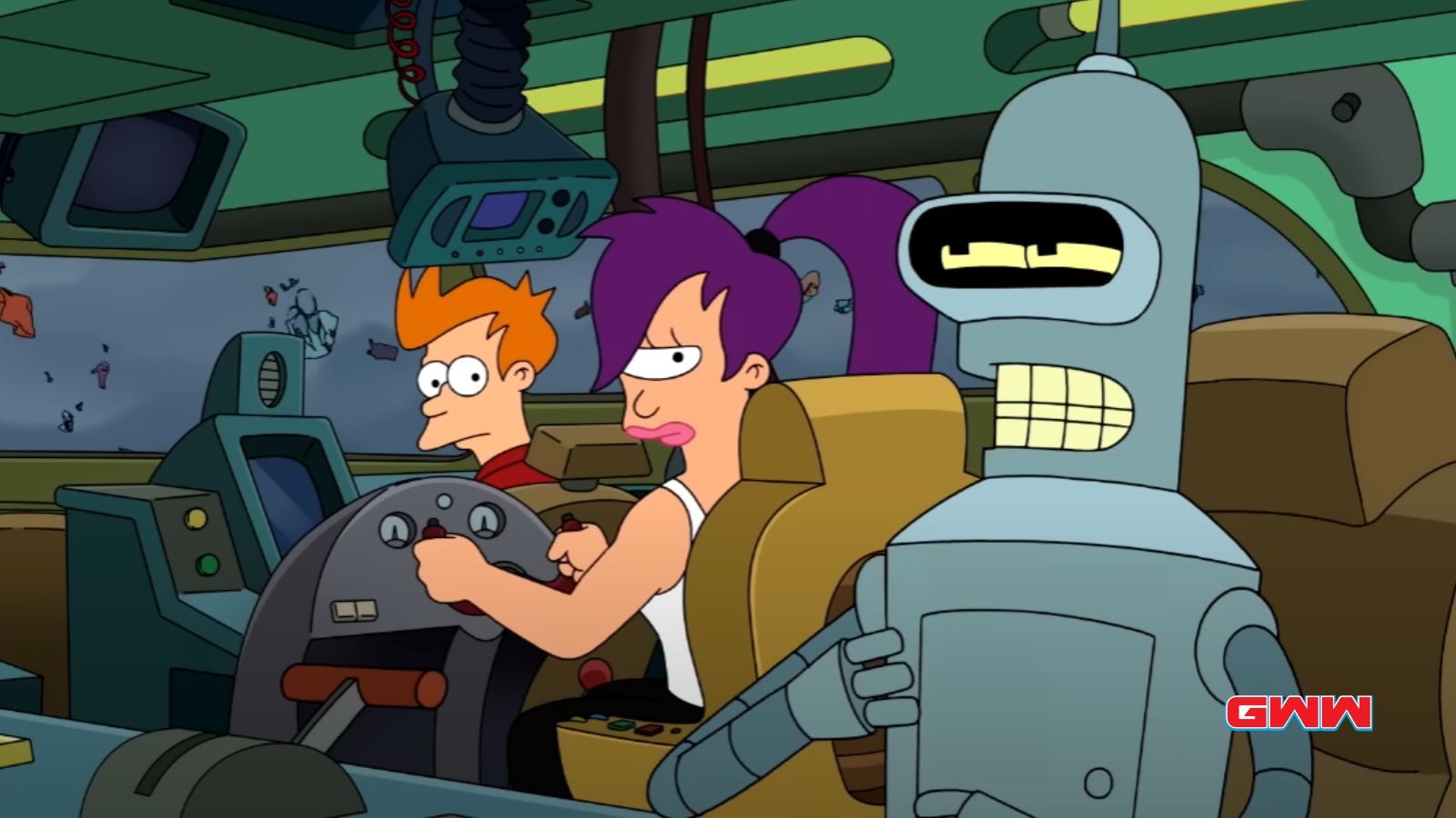 Fry, Leela, and Bender piloting their spaceship in Futurama.