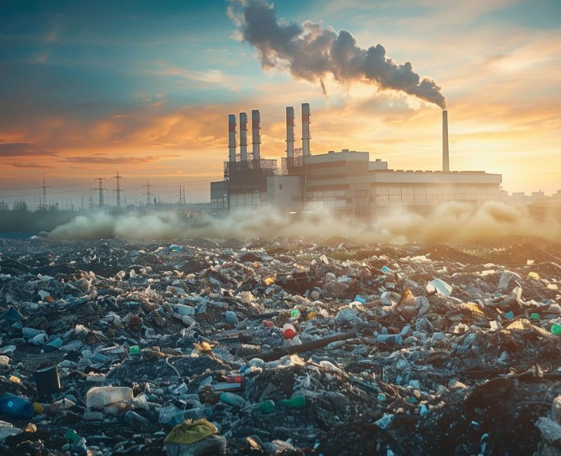 Pile of garbage in front of a factory, highlighting the importance of sustainable architecture in reducing waste and energy consumption.