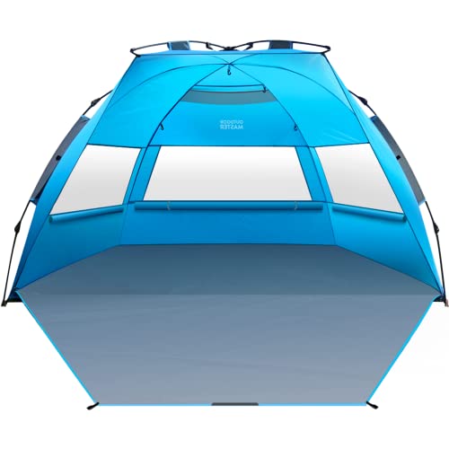 OutdoorMaster Pop Up Beach Tent for 4 Person - Easy Setup and Portable Beach Shade Sun Shelter Canopy with UPF 50+ UV Protection Removable Skylight Family Size - Blue