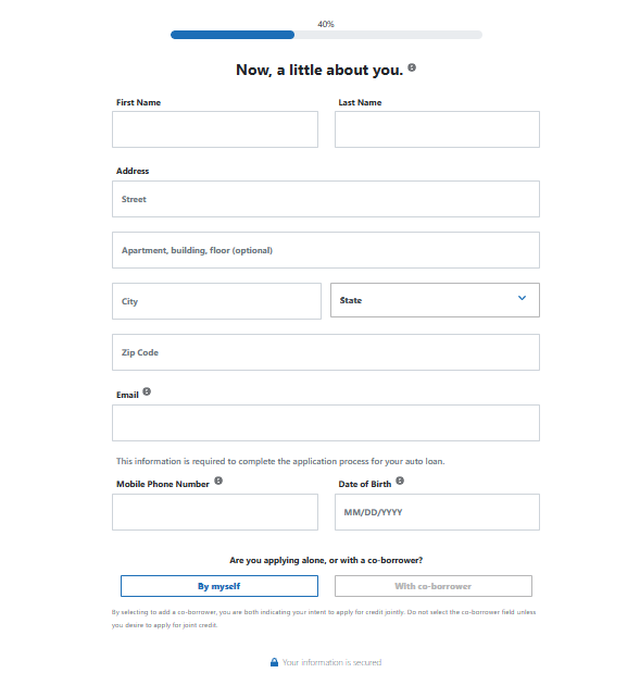 A screenshot of a computer screen showing Tresl's refinancing signup showing the personal information gathered