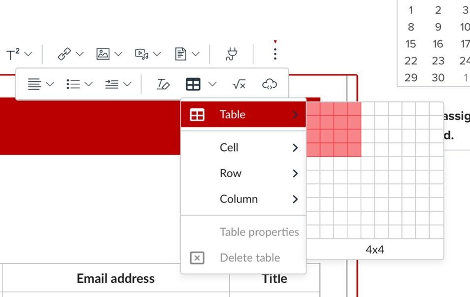 Table grid selector