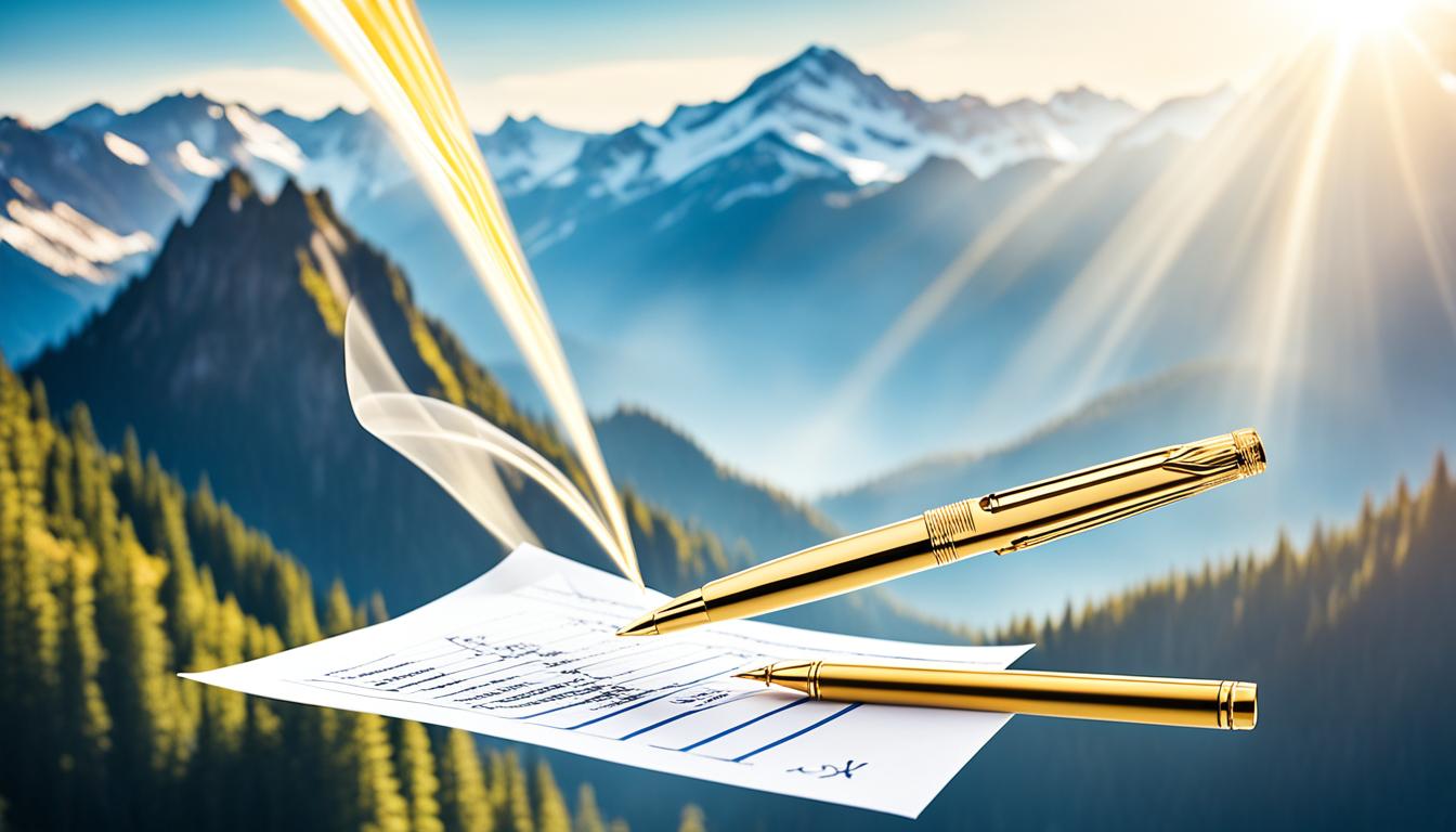 A golden pen floating in mid-air above a blank piece of paper, surrounded by beams of light representing the flow of ideas. In the background, a mountain range symbolizing the heights of financial success that can be reached through the power of writing and manifestation.