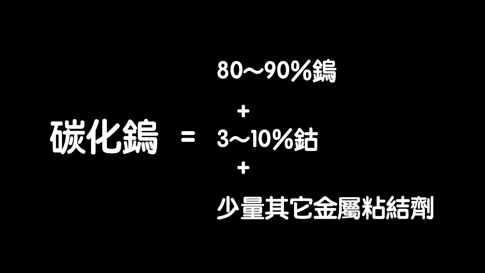 碳化鎢的材料組成比例圖示說明： 80%~97%的碳化鎢 (WC) + 3%~10%的鈷 (Co) + 少量其它金屬粘結劑。
