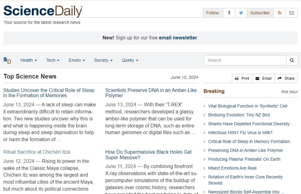 Science Daily homepage with news feature articles