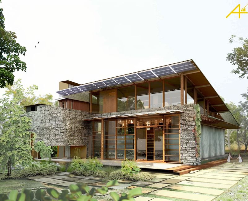 Image Illustrates Passive solar design of modern themed Indian house