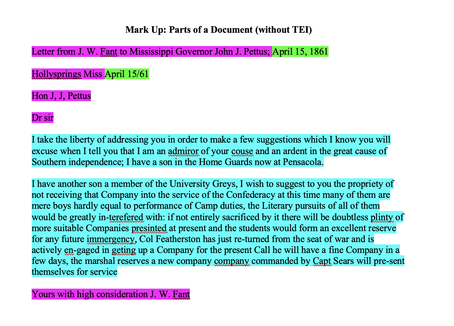 Figure 6: Screen capture of the Fant letter where the header and closer are highlighted in pink, dates in green, and paragraphs in blue
