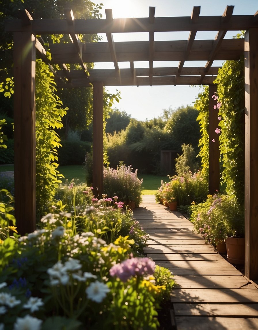 A pergola with built-in planters stands in a lush garden, surrounded by blooming flowers and vibrant greenery. The sunlight filters through the wooden beams, casting dappled shadows on the ground