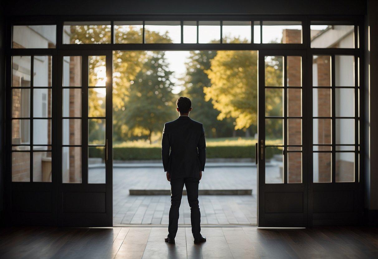 A person standing with open arms, facing away from a closed door, symbolizing openness and receptiveness in nonverbal communication