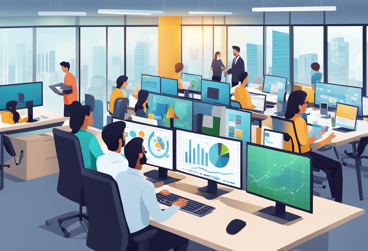 A bustling office with computer screens, charts, and graphs. Employees collaborate, brainstorm, and strategize to enhance real estate digital marketing in Noida