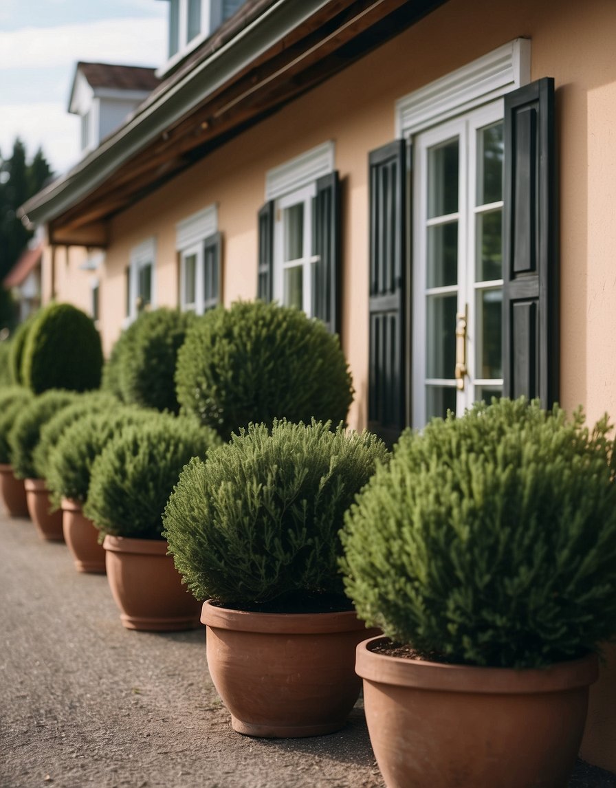 A quaint house with a row of juniper bushes lining the front, creating a charming and cozy atmosphere