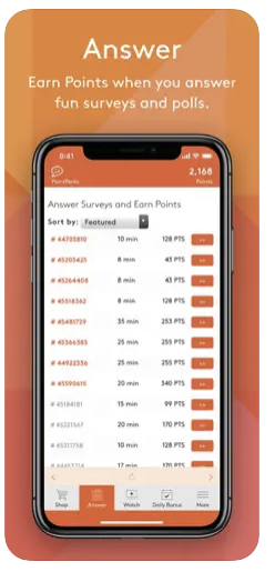 The MyPoints app displaying different available surveys along with how long they should take and how many points they reward toward Amazon gift cards. 