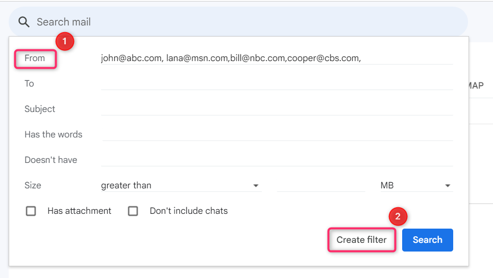 Screengrab of Gmail's search filter settings. Step '1' highlights the 'From' field populated with multiple email addresses. Step '2' emphasizes the 'Create filter' button, illustrating the initial steps for automating email categorization in a customer support scenario.