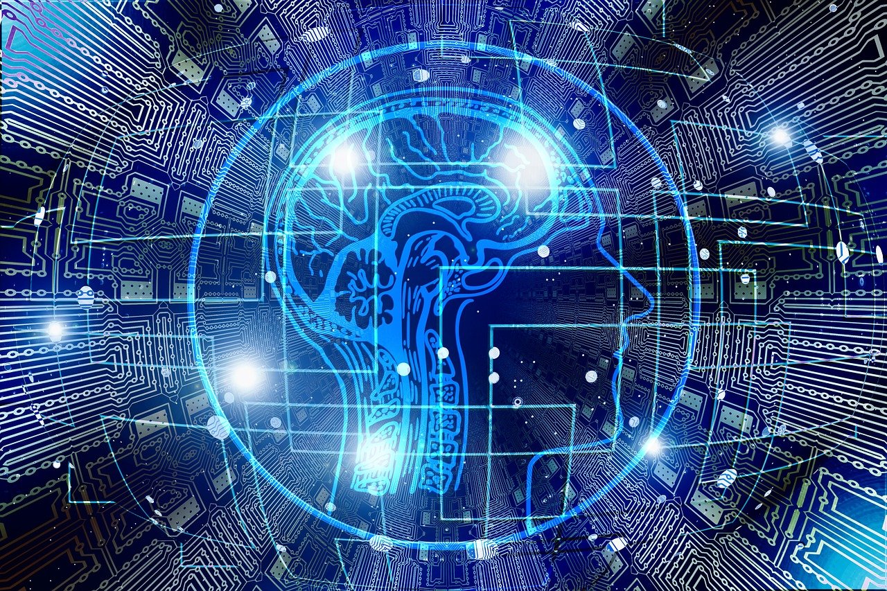 A digital illustration of a human brain and head silhouette overlaid with circuit board patterns and glowing blue lights.