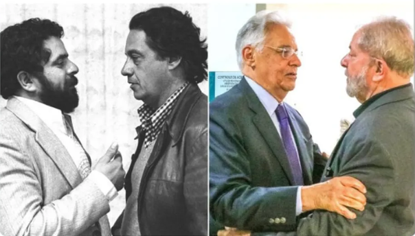 montagem de duas fotos, na primeira a esquerda, uma foto em preto e branco de FHC e Lula, na foto da direita uma foto mais recente dos dois