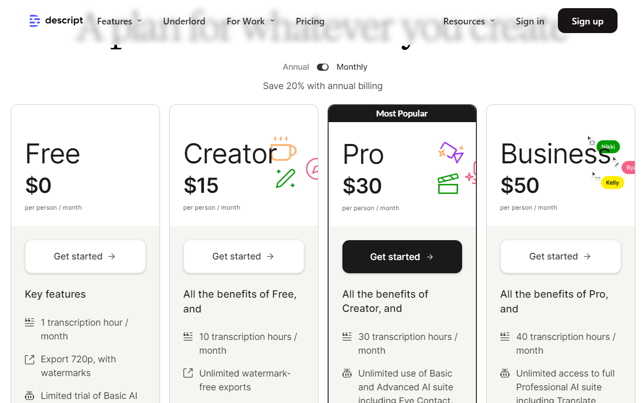 Descript Pricing Plan