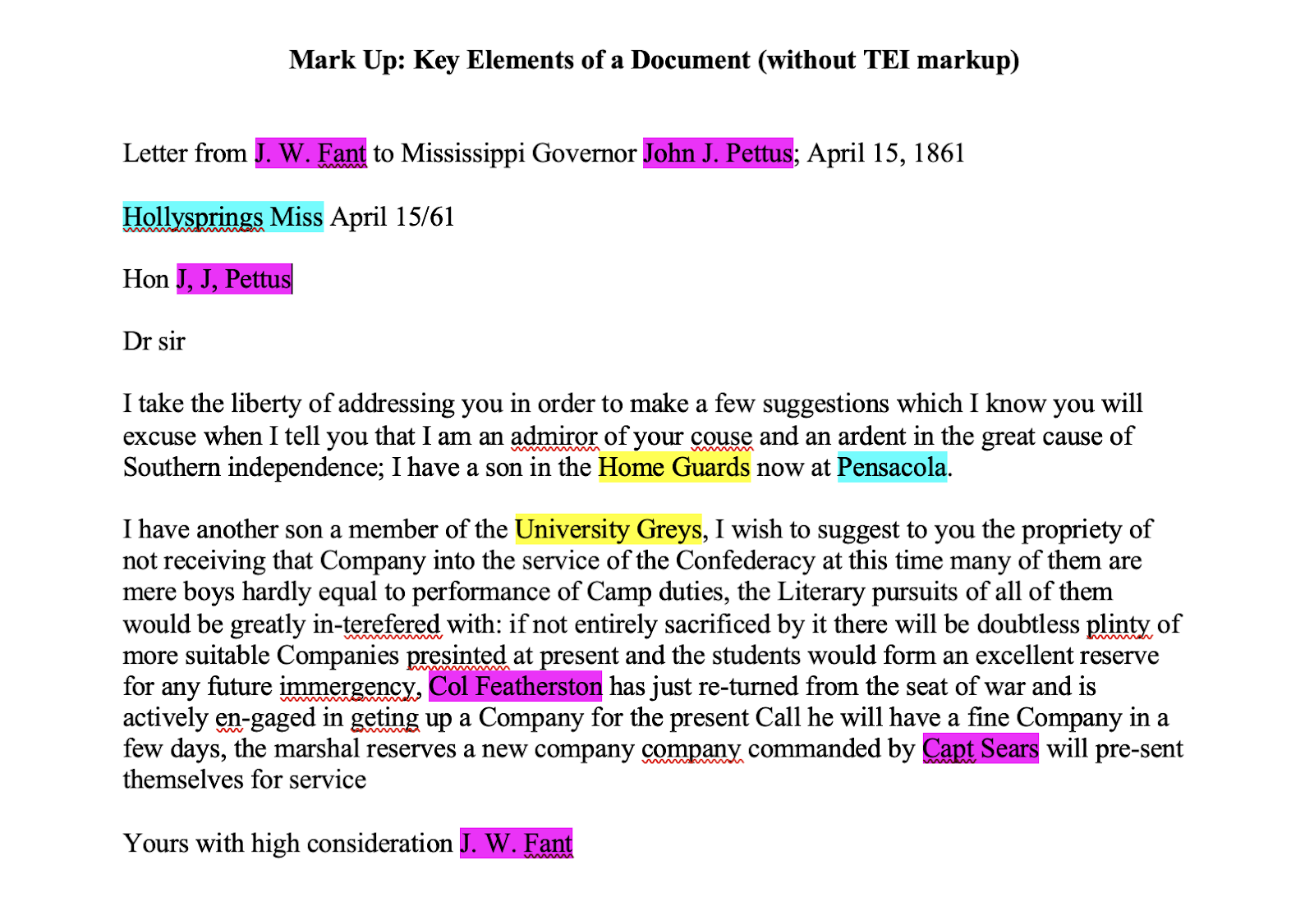 Figure 2: Screen capture of the Fant letter with the people highlighted in pink, places in blue, and military units in yellow