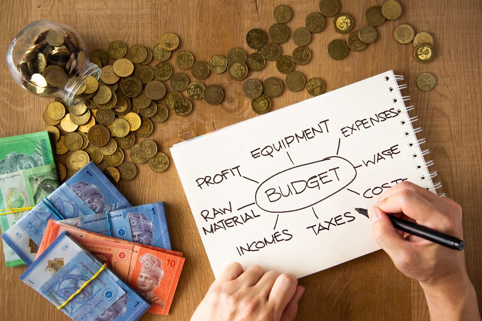 A hand draws a budget plan on paper, surrounded by scattered coins and paper bills.