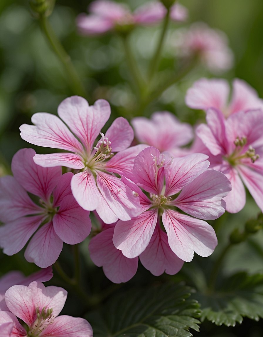 A lush garden filled with vibrant scented geraniums, their delicate leaves releasing a fragrant aroma that perfumes the air