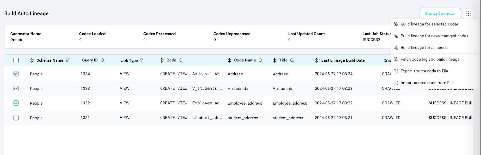  Selecting a Dremio view and initiating build lineage