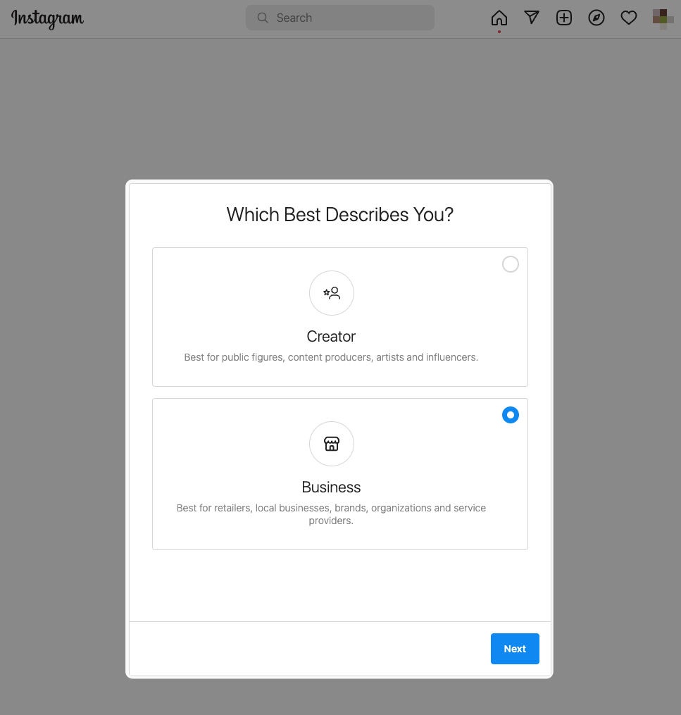 Screenshot of Instagram, with Creator or Business options for profile category