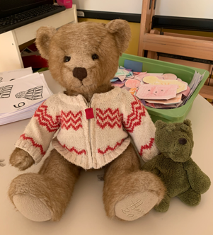 A teddy bear and a green teddy bear on a deskDescription automatically generated
