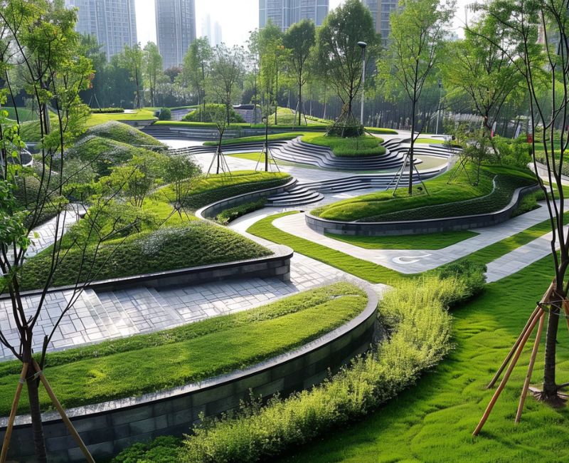 Lush green park with stairs winding through the landscape. Image showing the role of Sustainable Development in Landscape Architecture.