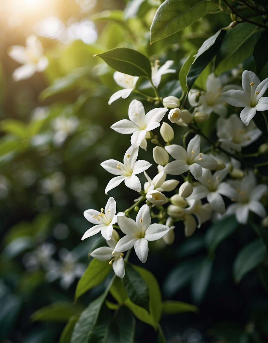 A garden filled with star jasmine vines, their delicate white flowers emitting a sweet, intoxicating fragrance. Surrounding plants bask in the aroma