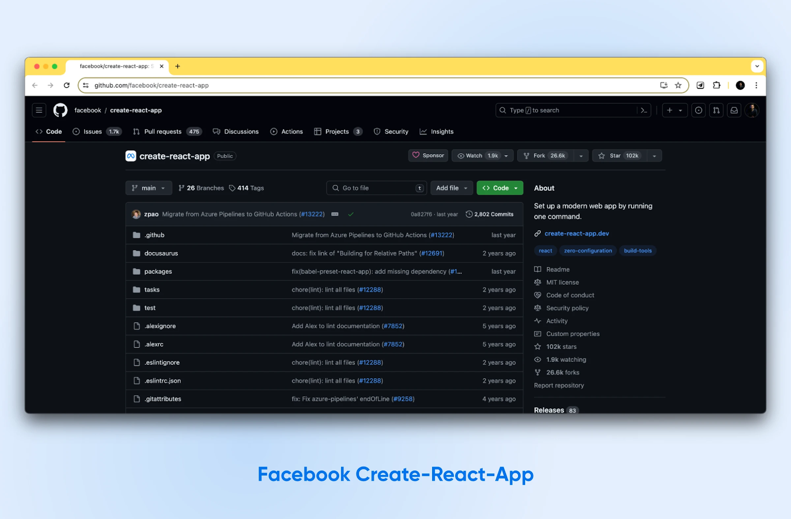 La aplicación Create-React-App de Facebook tiene un fondo negro y un botón verde de 'Código' para comenzar rápidamente