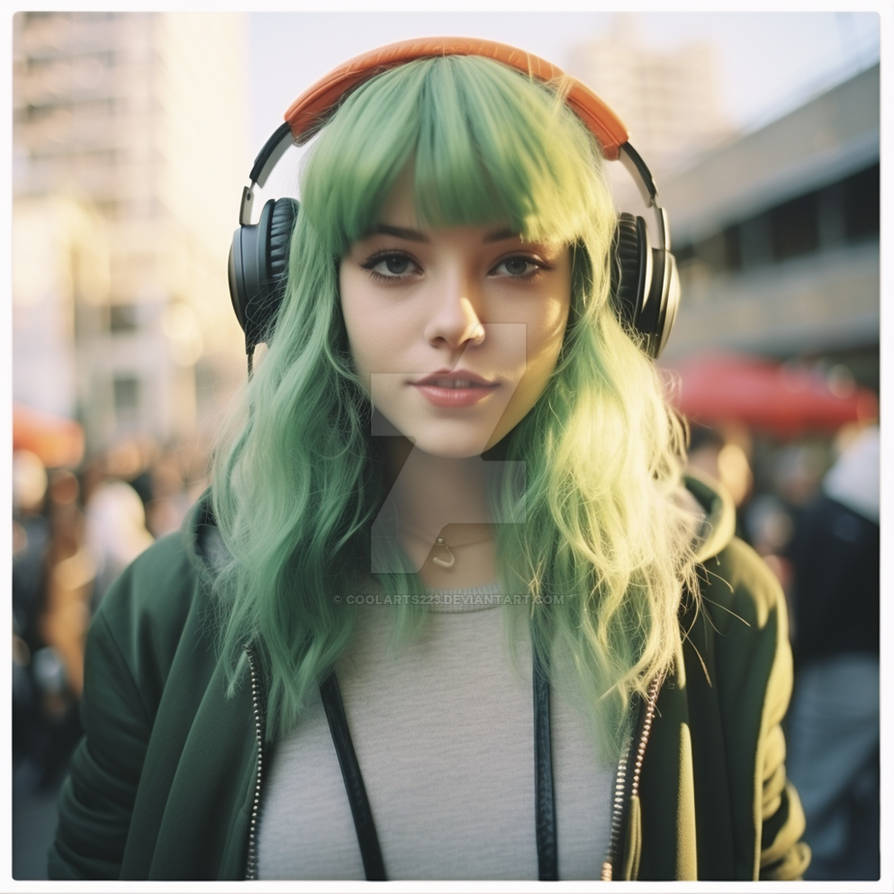 Cool Attitude Girl DP with green hair and headphones
