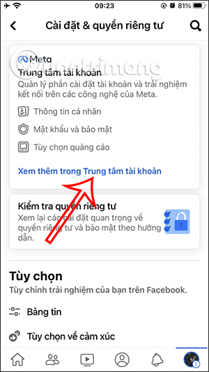 Xem cài đặt trong trung tâm tài khoản Facebook