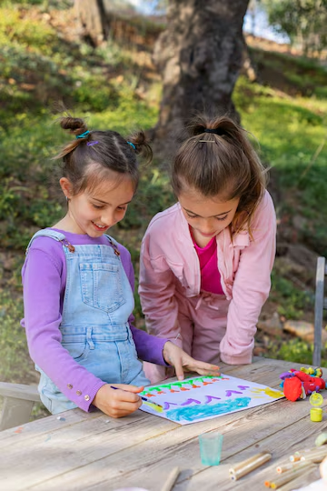  Two Children making homemade cards. 