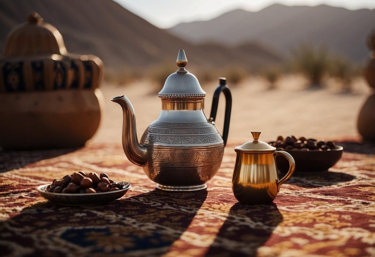 A traditional Arabic coffee pot sits on a patterned carpet surrounded by dates and incense, with a view of the desert and a camel in the background