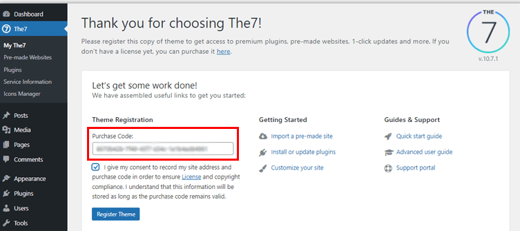 Enter the purchase code of the7 theme wordpress