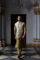 Tapestry, a Green Nehru jacket set with floral embroidery