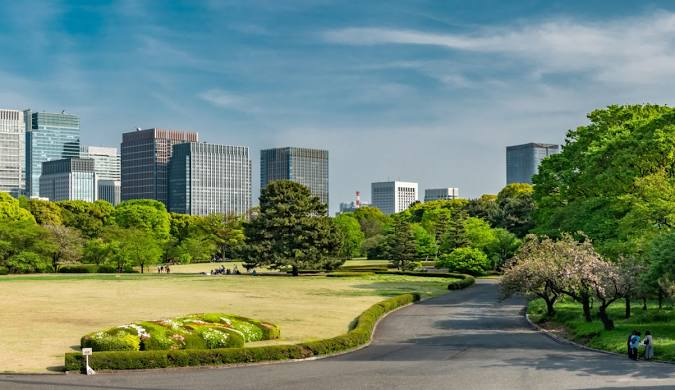 city scape view along green garden in japan