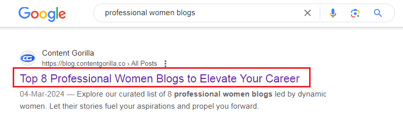 Google search results for the keywords "professional women blogs"