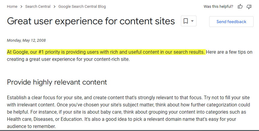 Google says that sites providing rich and useful content will rank in their search results more likely.