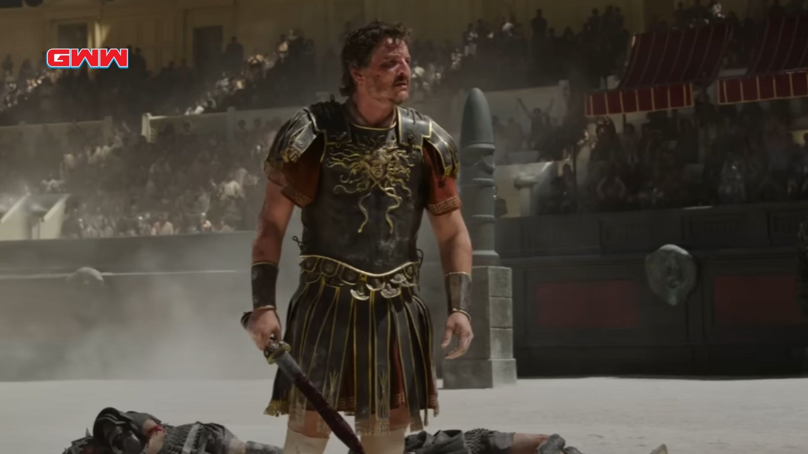 Marcus stands triumphant in an arena with fallen foes.