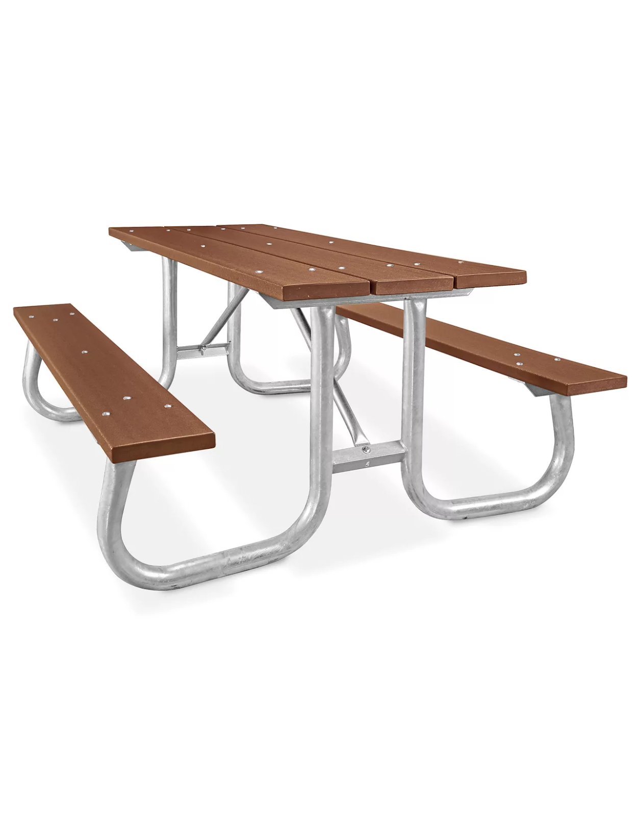 Enjoy outdoor meals sustainably with the ULINE Recycled Plastic Steel Frame Picnic Table, blending durability with eco-friendly design.