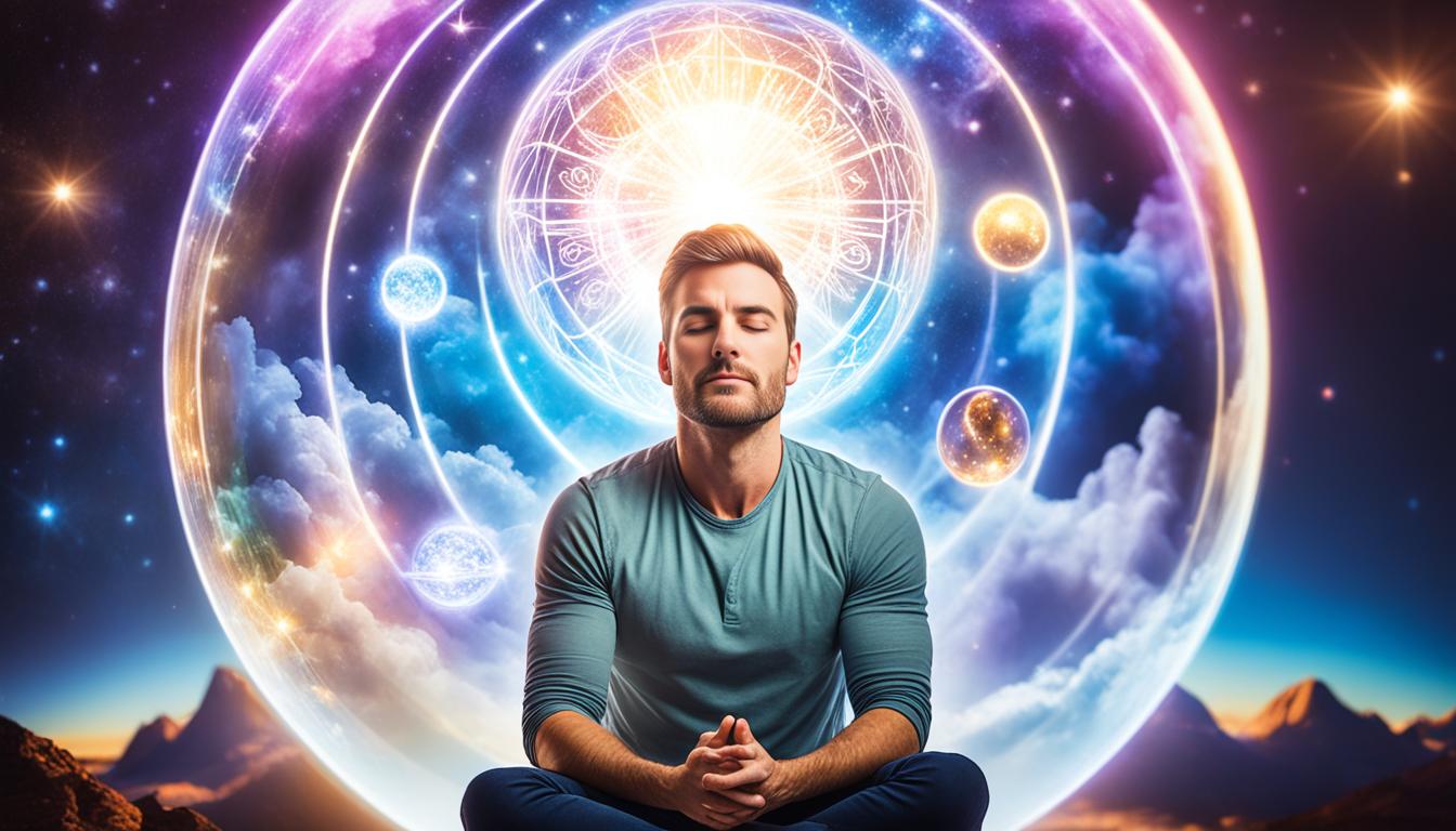 A person sitting with their eyes closed, hands resting on their knees, surrounded by a glowing orb of light. Inside the orb are images of their dreams and goals, floating around them as if they're within reach. The person appears focused, determined, and ready to manifest their desires into reality.