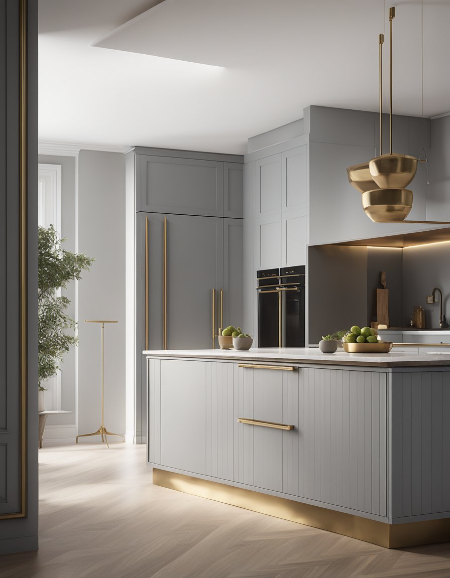 A pale gray kitchen cabinet with brass hardware stands against a light gray backdrop, creating a modern and elegant atmosphere