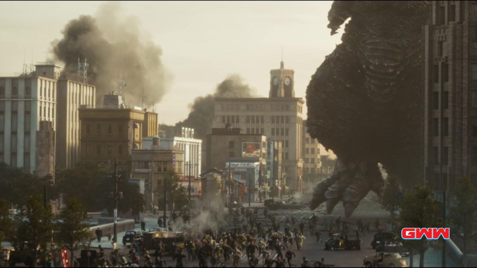 Godzilla bringing destuction to a city, Is Godzilla Minus One in English