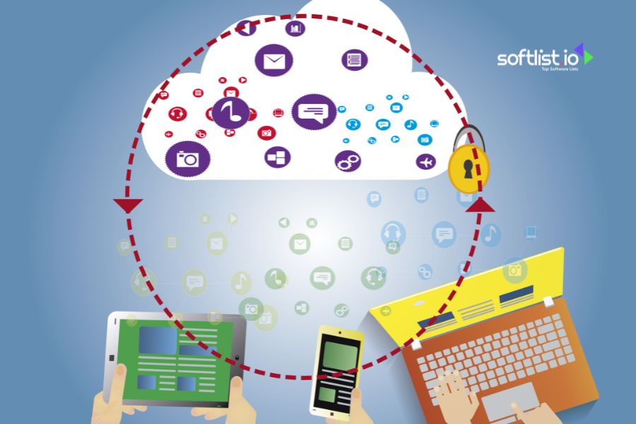 Cloud computing illustration with various device icons.