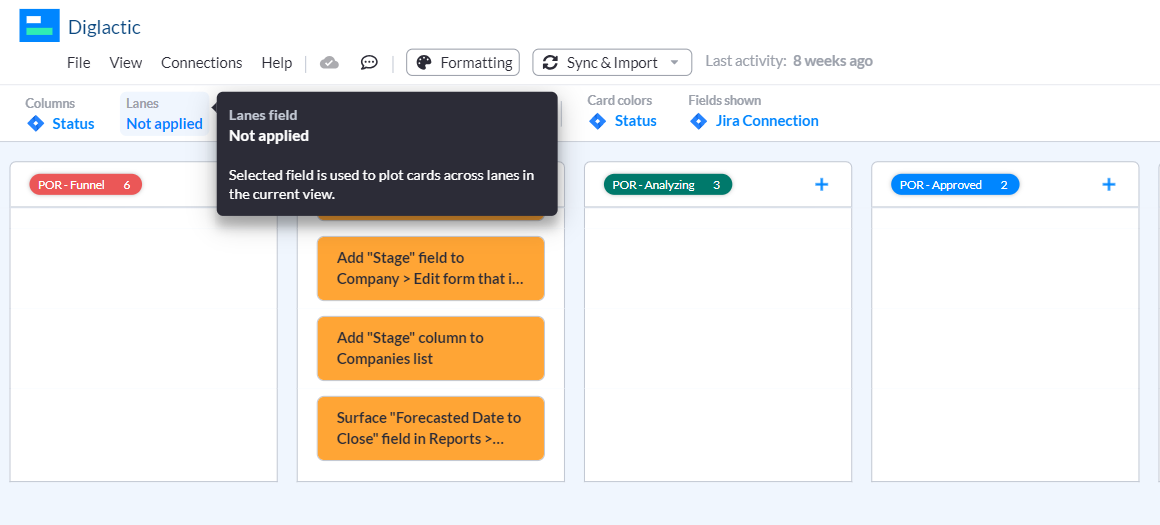 Screenshot of Visor interface. It illustrates where to select the Lanes dropdown menu to see swimlane options