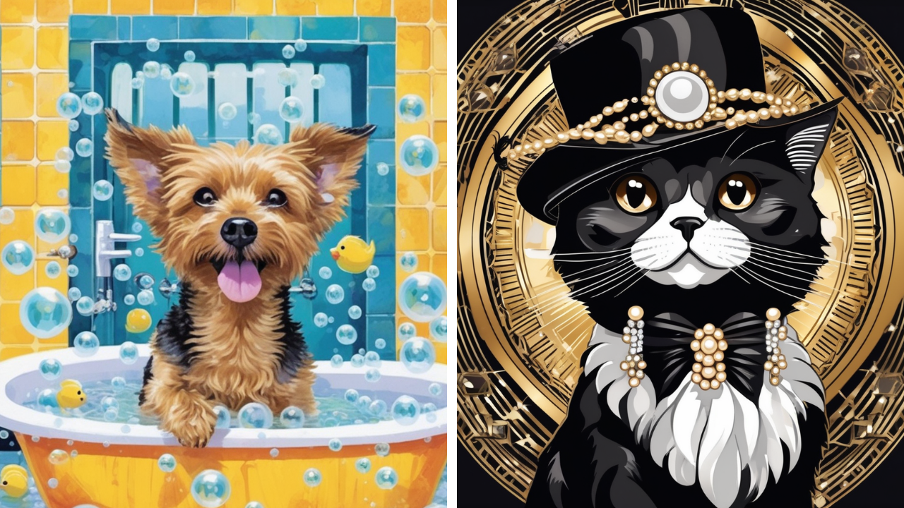 Side-by-side AI pet portrait of a happy dog in a bathtub with bubbles and a black cat in a top hat and a glitzy Roaring 20s background