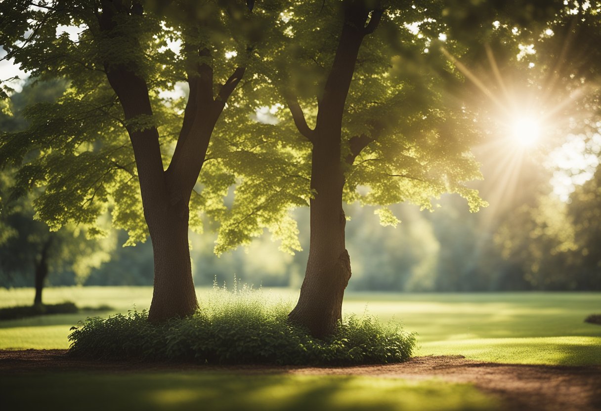 A Peaceful Garden With A Solitary Tree, Surrounded By Soft Rays Of Sunlight Filtering Through The Leaves, Creating A Serene And Calming Atmosphere